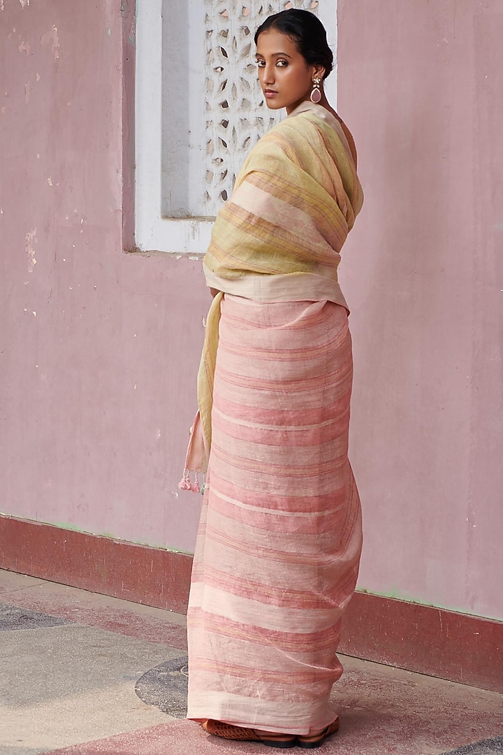 Multi-Colored Pure Linen Handloom Geometric Motif Embroidered Party Wear Saree by Kasturi Kundal at Pernia's Pop Up Shop