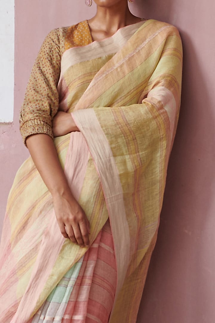 Multi-Colored Pure Linen Handloom Geometric Motif Embroidered Party Wear Saree by Kasturi Kundal at Pernia's Pop Up Shop