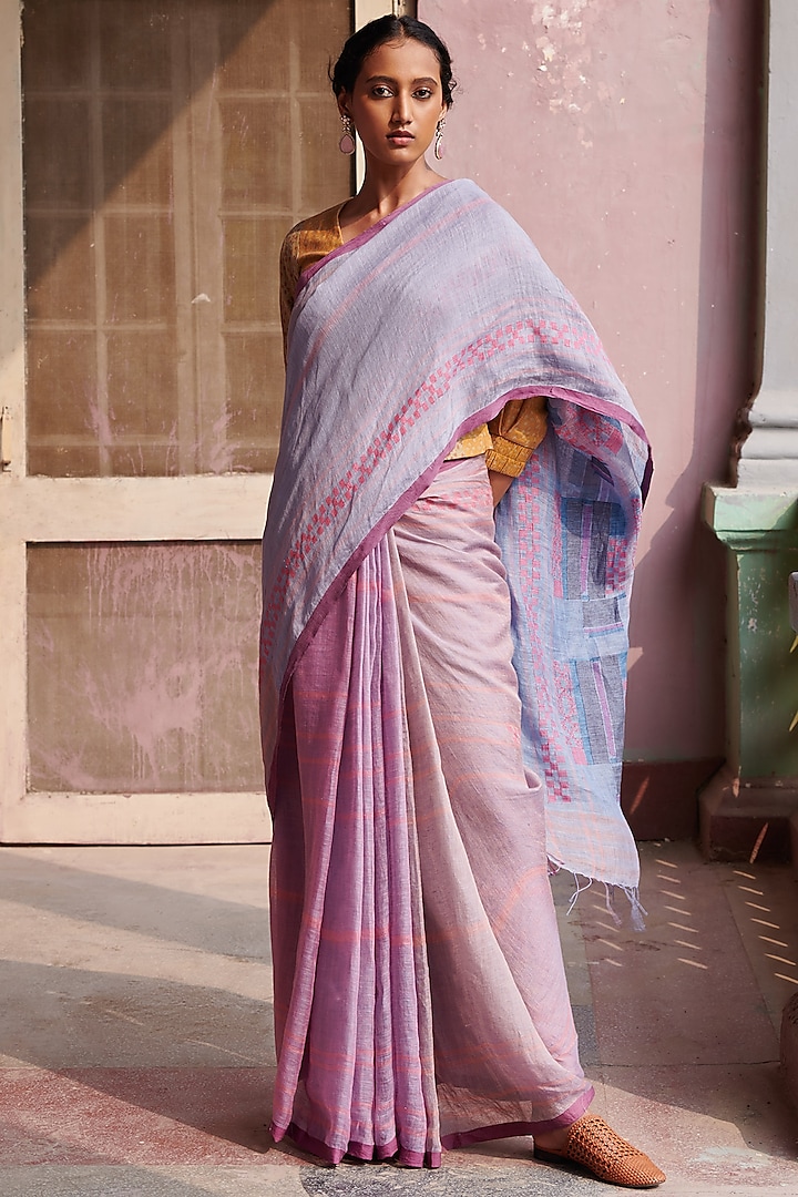 Blue Linen Handloom Saree by Kasturi Kundal