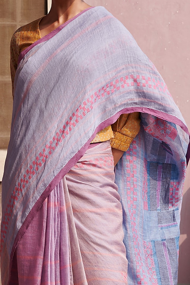 Blue Linen Handloom Party Wear Saree by Kasturi Kundal at Pernia's Pop Up Shop
