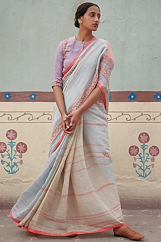 Blue Pure Jamdani Linen Handloom Geometric Motif Embroidered Saree by Kasturi Kundal