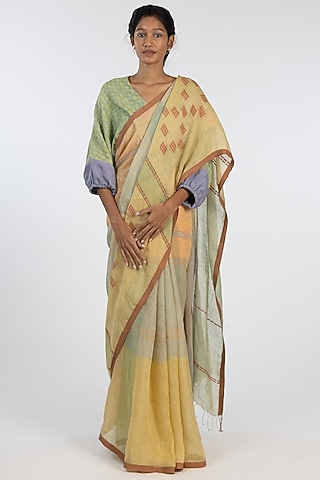 Multi-Colored Pure Jamdani Linen Handloom Geometric Motif Embroidered Saree Set by Kasturi Kundal