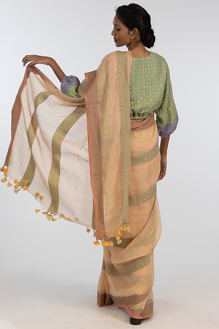 Green & Orange Pure Linen Geometric Motifs Embroidered Handloom Festive Saree Set by Kasturi Kundal at Pernia's Pop Up Shop