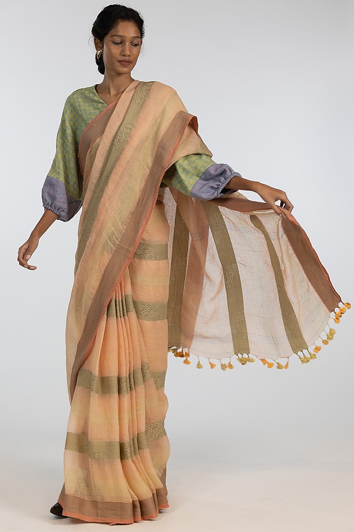 Green & Orange Pure Linen Geometric Motifs Embroidered Handloom Festive Saree Set by Kasturi Kundal at Pernia's Pop Up Shop