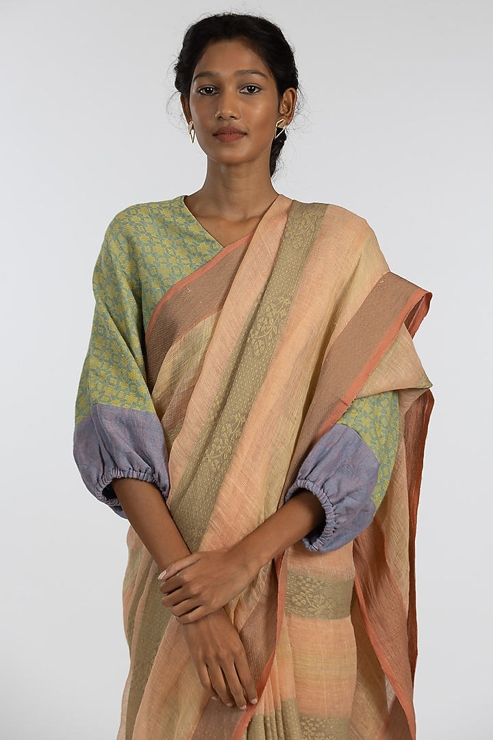 Green & Orange Pure Linen Geometric Motifs Embroidered Handloom Festive Saree Set by Kasturi Kundal at Pernia's Pop Up Shop