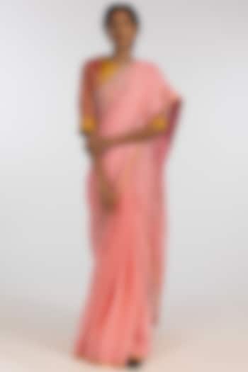 Yellow & Pink Pure Linen Jamdani Geometric Motif Embroidered Handloom Saree Set by Kasturi Kundal