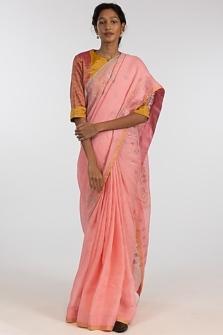 Yellow & Pink Pure Linen Jamdani Geometric Motif Embroidered Handloom Saree Set by Kasturi Kundal