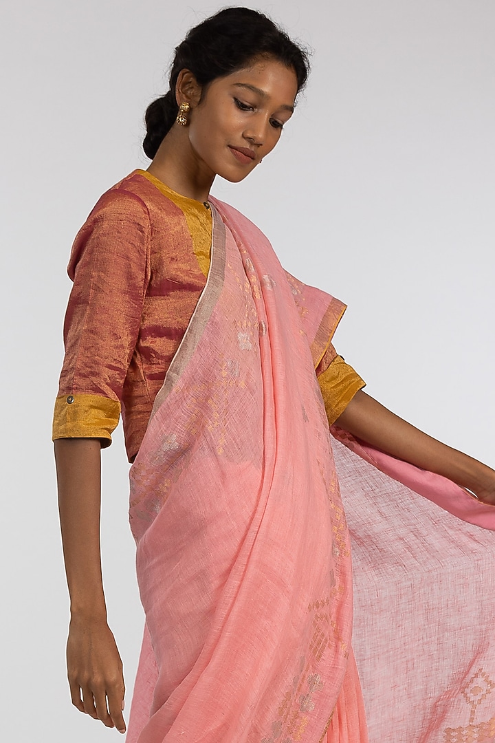 Yellow & Pink Pure Linen Jamdani Geometric Motif Embroidered Handloom Party Wear Saree Set by Kasturi Kundal at Pernia's Pop Up Shop