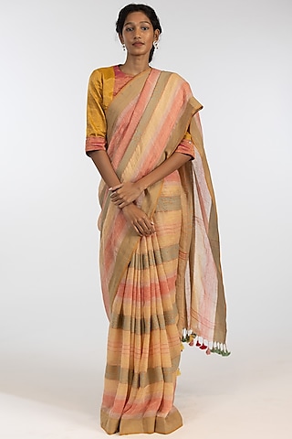 Multi-Colored Pure Linen Geometric Motif Embroidered Handloom Saree Set by Kasturi Kundal