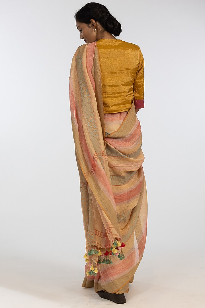 Multi-Colored Pure Linen Geometric Motif Embroidered Handloom Festive Saree Set by Kasturi Kundal at Pernia's Pop Up Shop