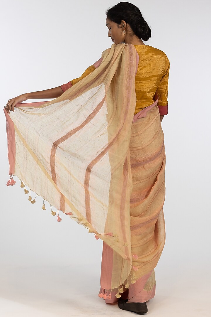 Multi-Colored Pure Linen Geometric Motif Embroidered Handloom Festive Saree Set by Kasturi Kundal at Pernia's Pop Up Shop