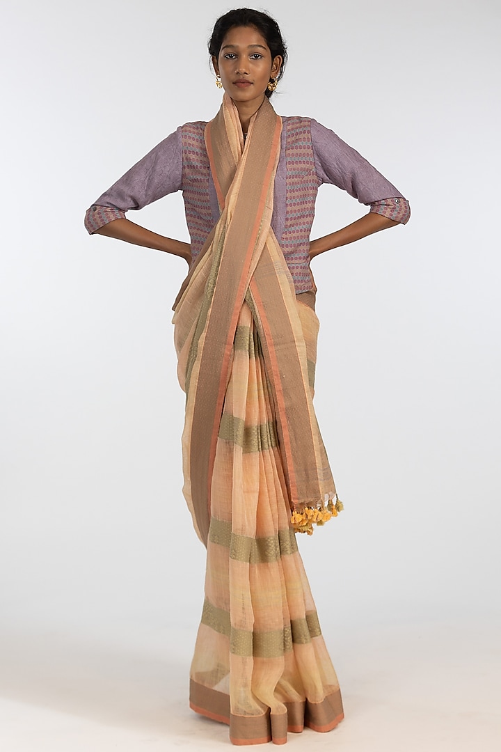 Green & Orange Pure Linen Geometric Motif Embroidered Handloom Saree Set by Kasturi Kundal