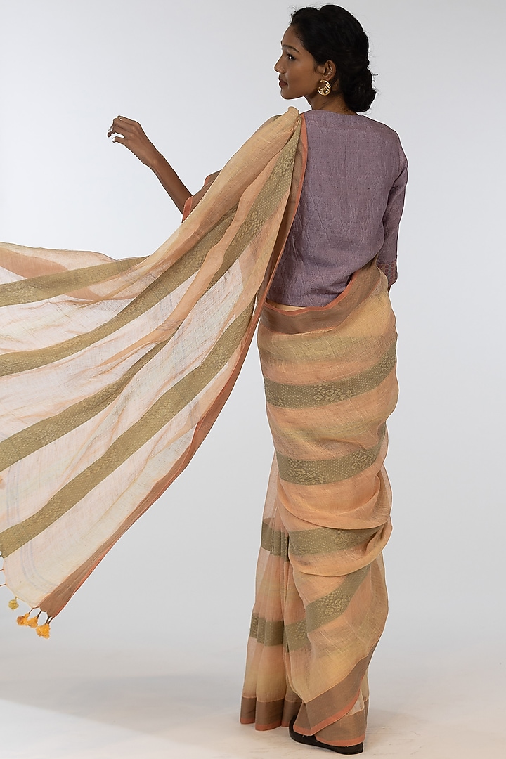 Green & Orange Pure Linen Geometric Motif Embroidered Handloom Festive Saree Set by Kasturi Kundal at Pernia's Pop Up Shop