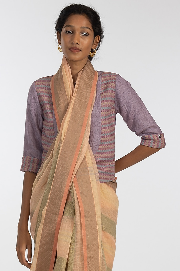 Green & Orange Pure Linen Geometric Motif Embroidered Handloom Festive Saree Set by Kasturi Kundal at Pernia's Pop Up Shop