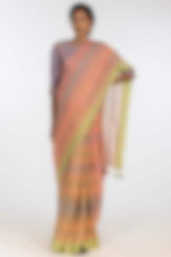 Multi-Colored Pure Linen Geometric Motif Embroidered Handloom Saree Set by Kasturi Kundal