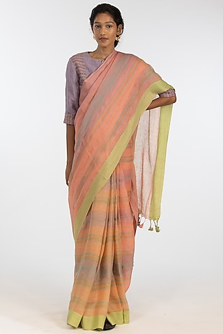 Multi-Colored Pure Linen Geometric Motif Embroidered Handloom Saree Set by Kasturi Kundal