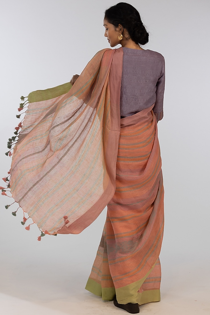 Multi-Colored Pure Linen Geometric Motif Embroidered Handloom Festive Saree Set by Kasturi Kundal at Pernia's Pop Up Shop