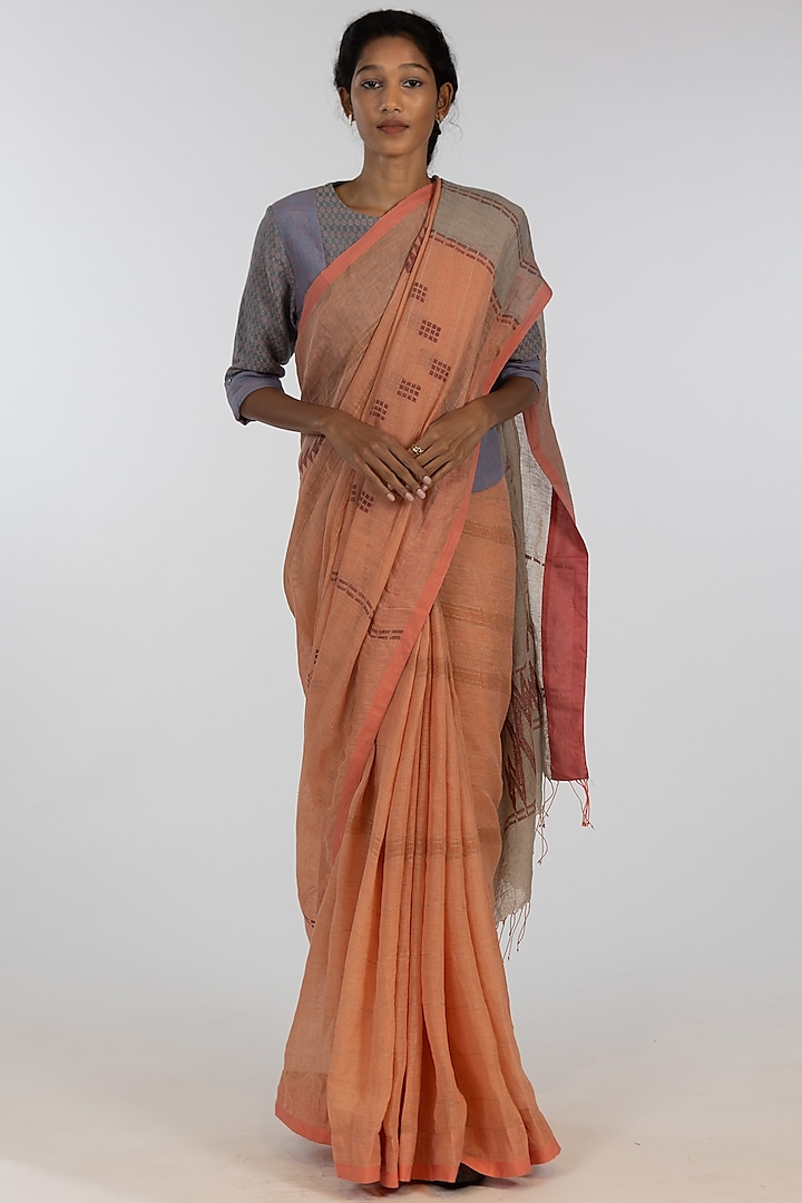 Orange Pure Linen Jamdani Geometric Motif Embroidered Handloom Saree Set by Kasturi Kundal