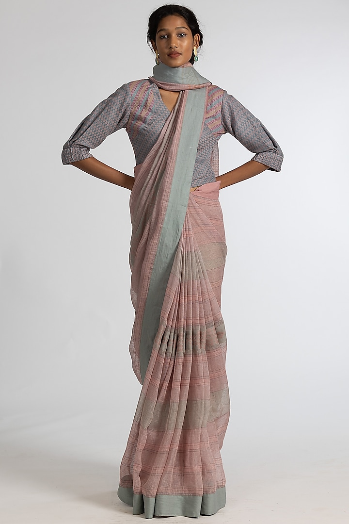 Pink & Green Pure Linen Geometric Motif Embroidered Handloom Saree Set by Kasturi Kundal
