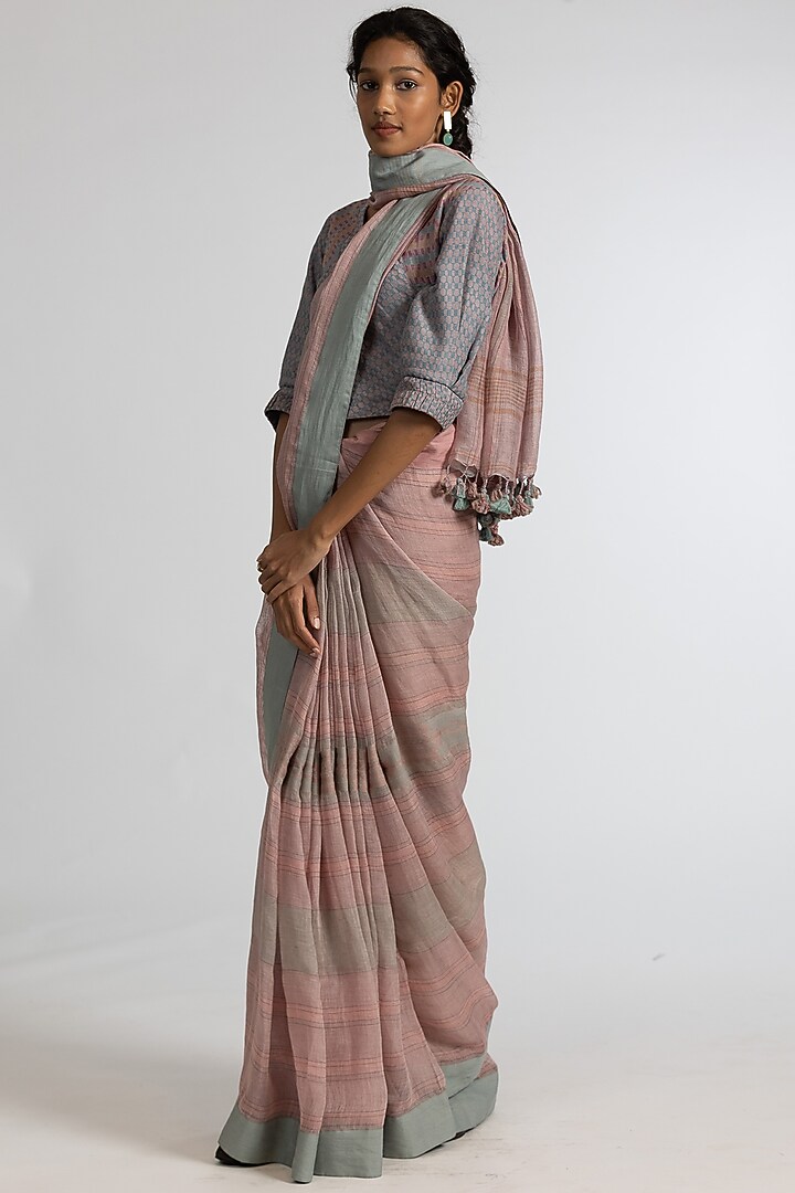 Pink & Green Pure Linen Geometric Motif Embroidered Handloom Party Wear Saree Set by Kasturi Kundal at Pernia's Pop Up Shop