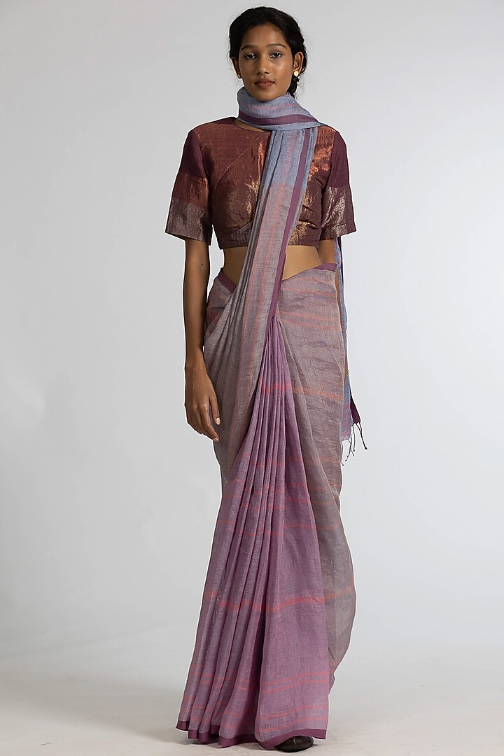 Pink & Blue Handloom Saree Set In Pure Linen by Kasturi Kundal