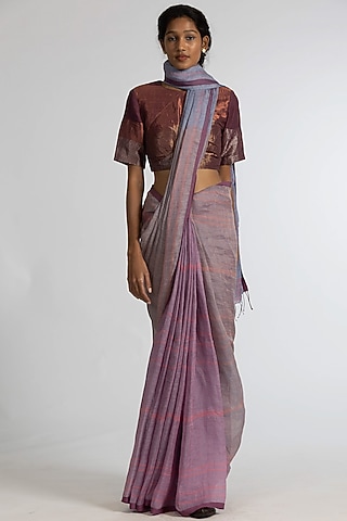 Pink & Blue Handloom Saree Set In Pure Linen by Kasturi Kundal
