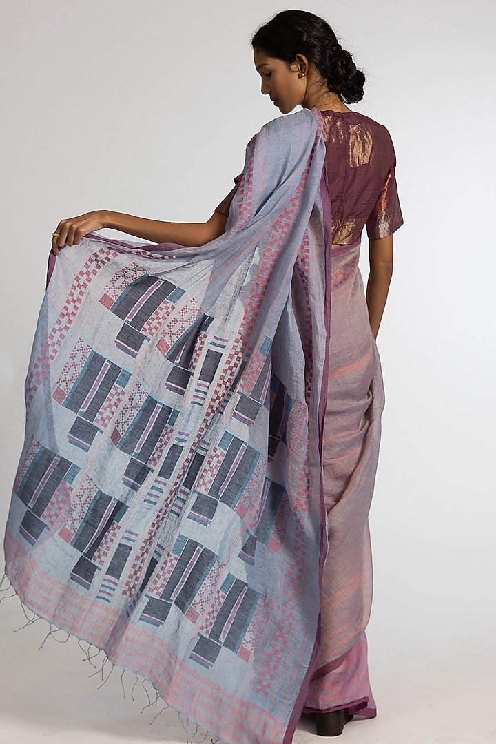 Pink & Blue Handloom Party Wear Saree Set In Pure Linen by Kasturi Kundal at Pernia's Pop Up Shop