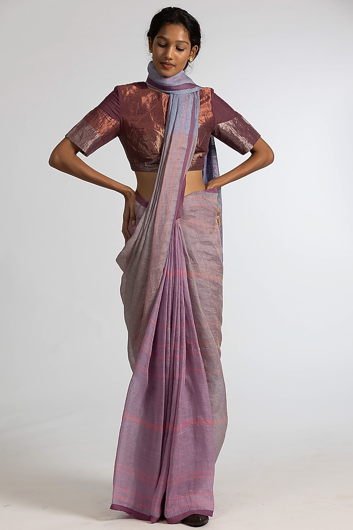 Pink & Blue Handloom Party Wear Saree Set In Pure Linen by Kasturi Kundal at Pernia's Pop Up Shop