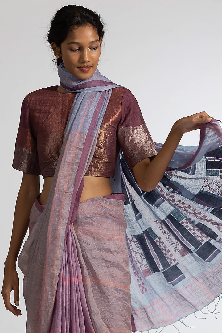 Pink & Blue Handloom Party Wear Saree Set In Pure Linen by Kasturi Kundal at Pernia's Pop Up Shop