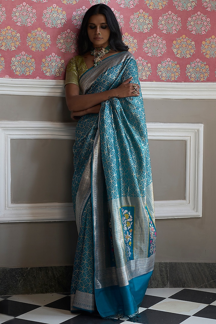 Turquoise Embroidered Banarasi Handloom Saree by Kasturi Kundal