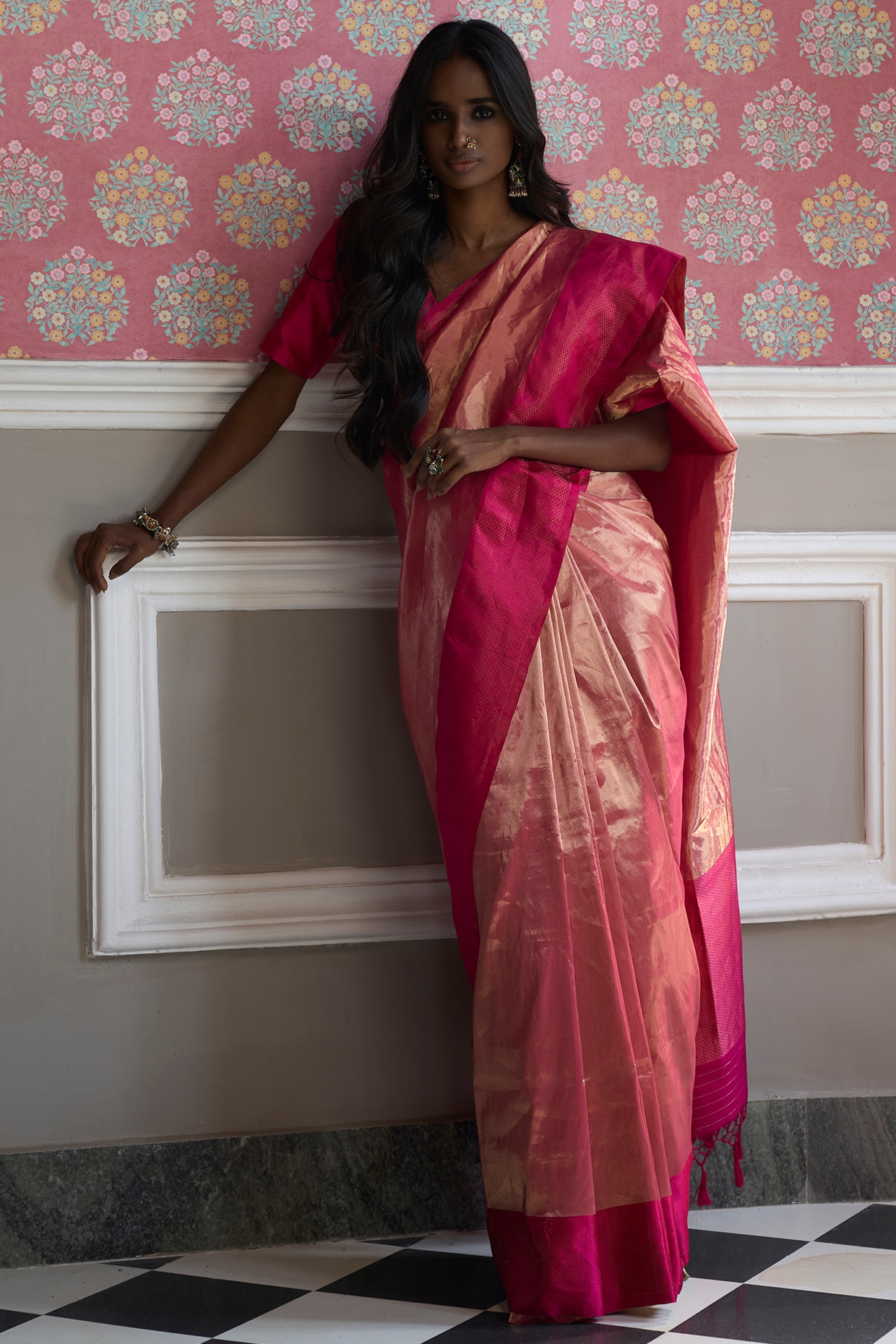 Bollineni Silks - Silver Tissue saree with Pink border by... | Facebook