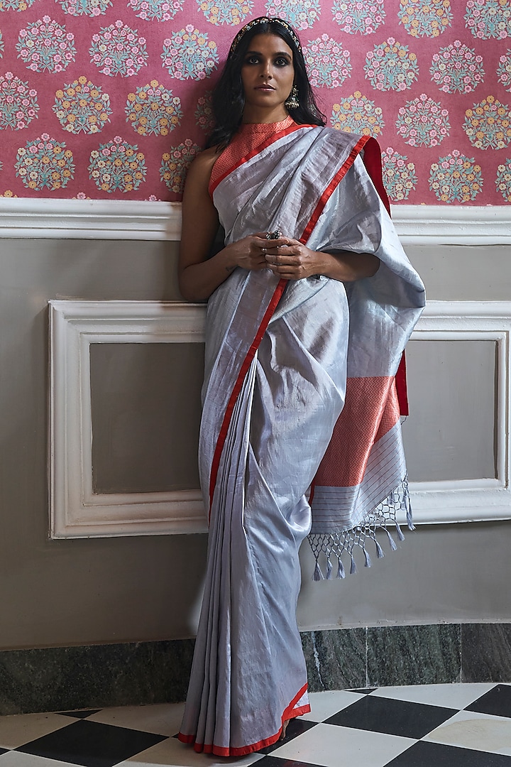 Silver Pure Tissue Silk Banarasi Handloom Saree by Kasturi Kundal