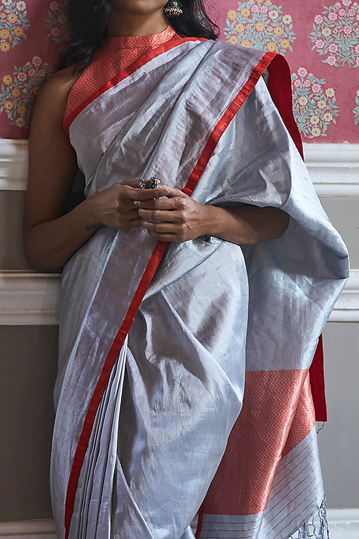 Silver Pure Tissue Silk Banarasi Handloom Party Wear Saree by Kasturi Kundal at Pernia's Pop Up Shop