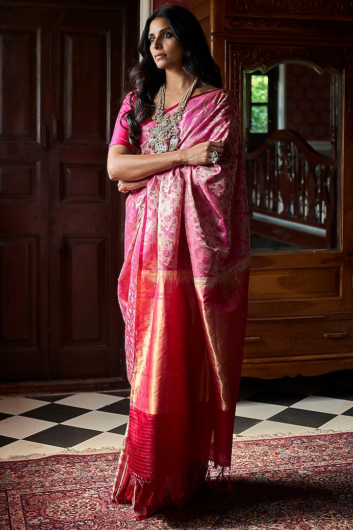 Pink Embroidered Banarasi Handloom Wedding Saree by Kasturi Kundal at Pernia's Pop Up Shop