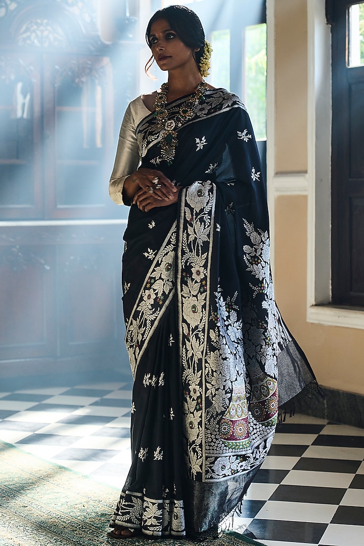 Black Embroidered Banarasi Handloom Wedding Saree by Kasturi Kundal at Pernia's Pop Up Shop