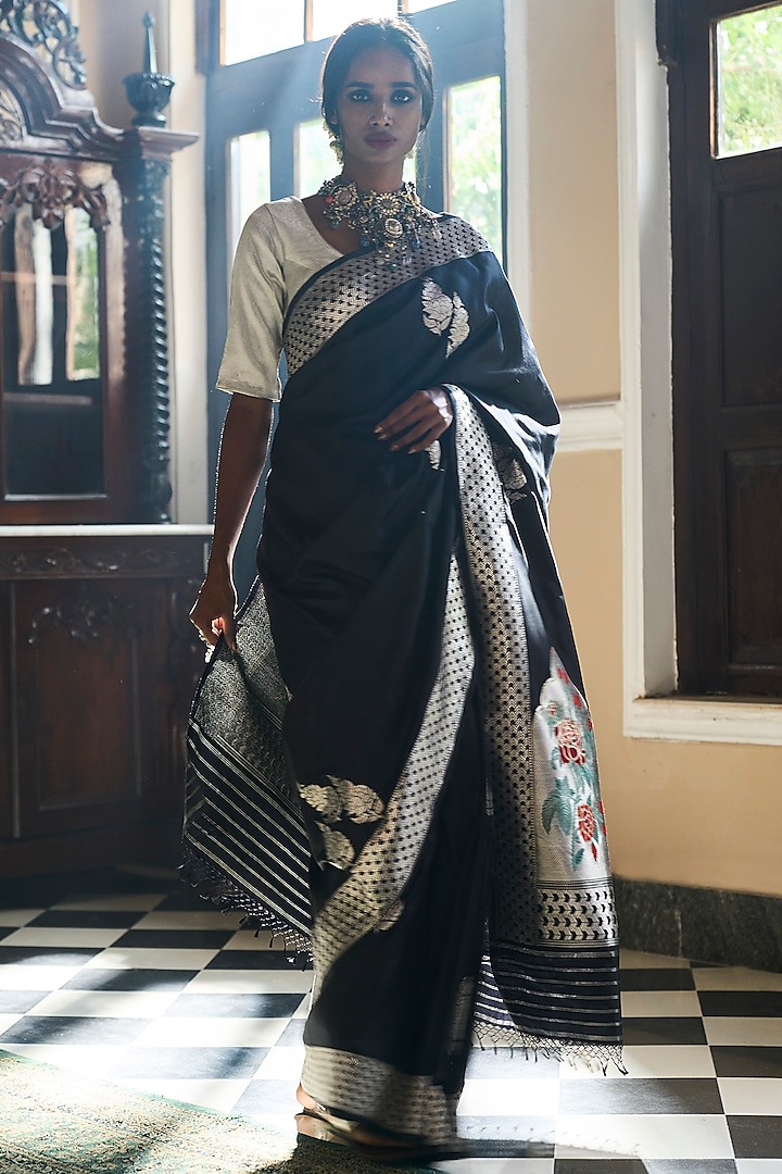 Black Pure Silk Meenakari Work Banarasi Handloom Saree by Kasturi Kundal