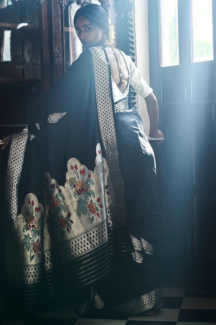 Black Pure Silk Meenakari Work Banarasi Handloom Wedding Saree by Kasturi Kundal at Pernia's Pop Up Shop