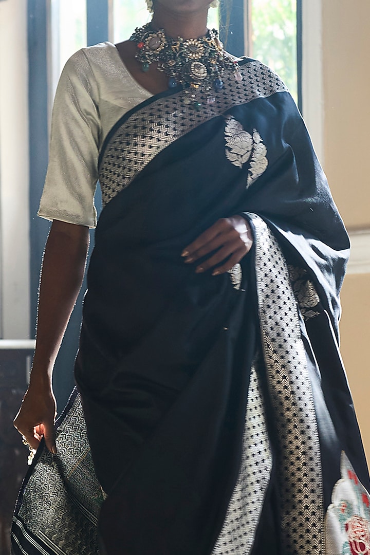 Black Pure Silk Meenakari Work Banarasi Handloom Wedding Saree by Kasturi Kundal at Pernia's Pop Up Shop