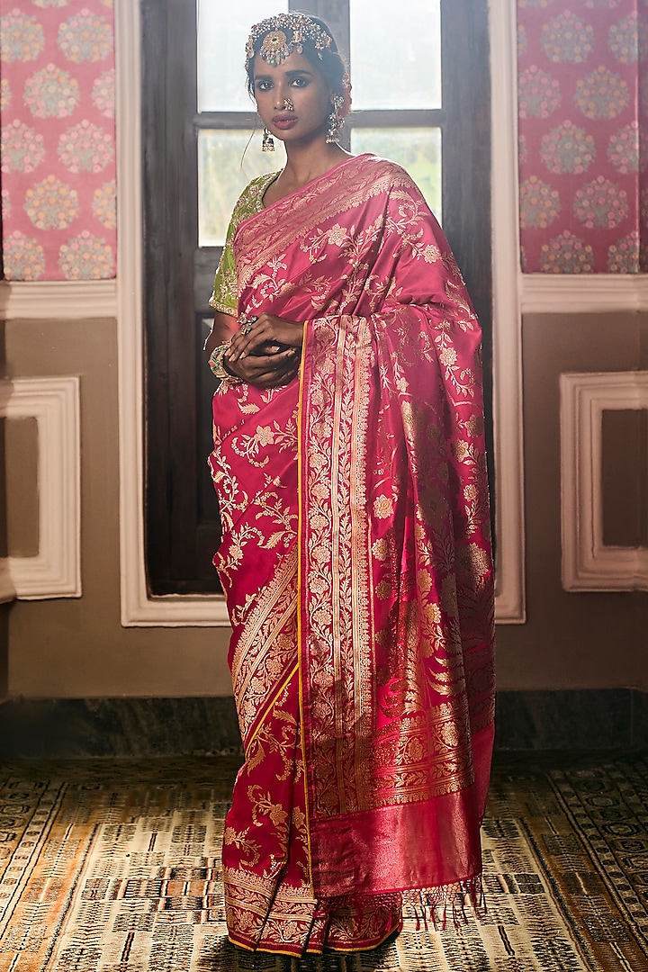 Fuchsia Pure Silk Zari Work Banarasi Handloom Saree by Kasturi Kundal