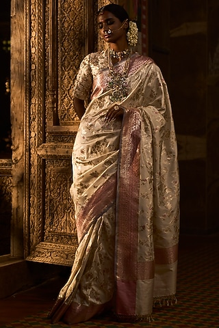 Ivory Pure Silk Banarasi Handloom Saree by Kasturi Kundal