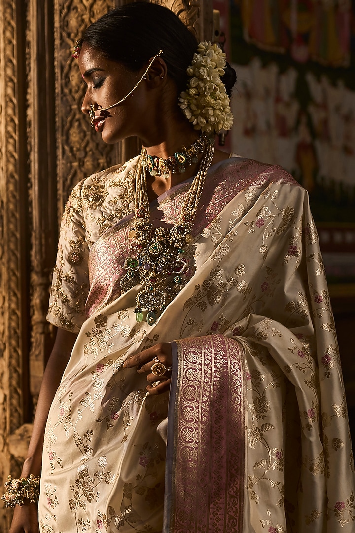 Ivory Pure Silk Banarasi Handloom Reception Saree by Kasturi Kundal at Pernia's Pop Up Shop