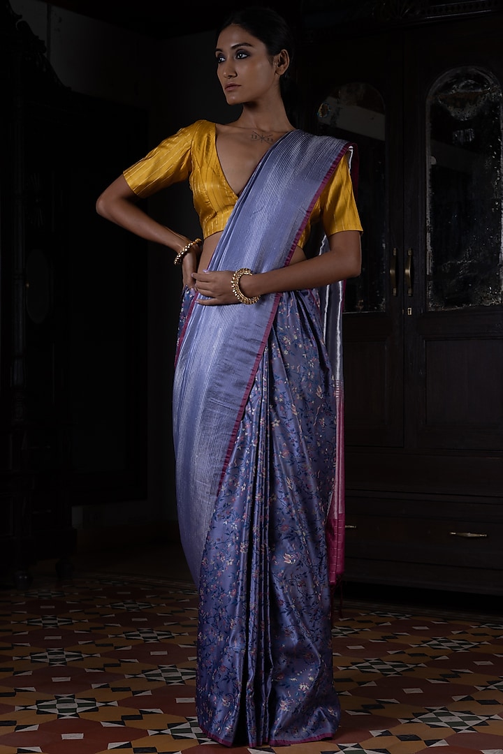 Blue Pure Silk Meenakari Work Banarasi Handloom Saree by Kasturi Kundal