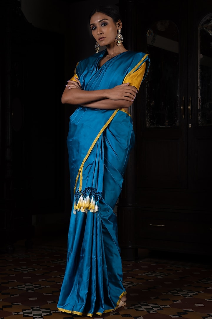 Turquoise Banarasi Satin Handloom Saree by Kasturi Kundal