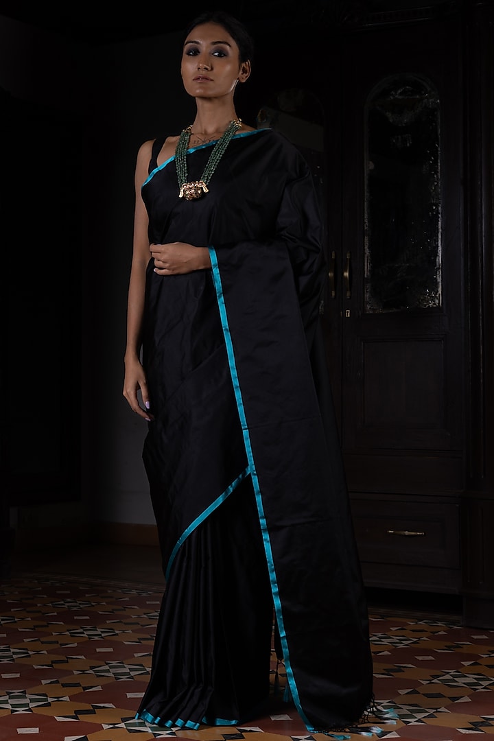 Black Banarasi Satin Handloom Saree by Kasturi Kundal