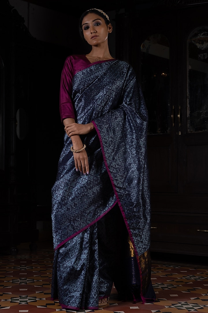 Midnight Blue Pure Silk Meenakari Work Banarasi Handloom Saree by Kasturi Kundal