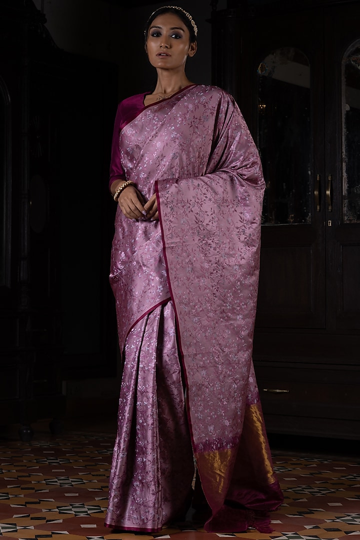 Mauve Pure Silk Meenakari Work Banarasi Handloom Saree by Kasturi Kundal