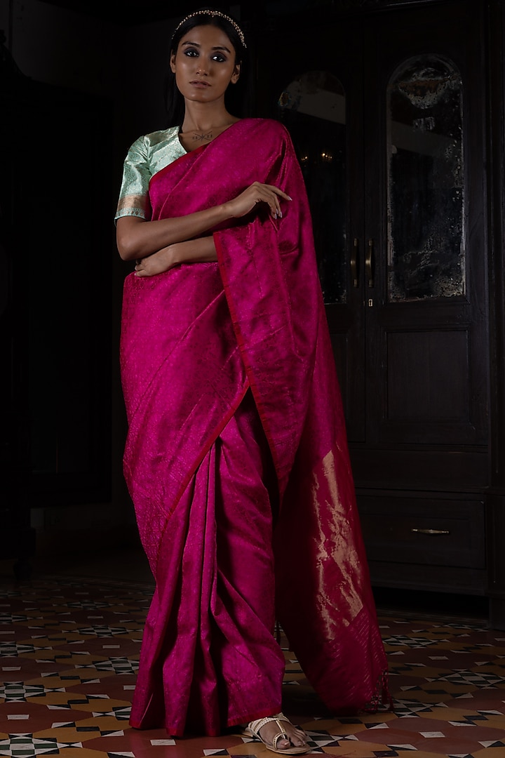 Fuchsia Pure Silk Meenakari Work Handloom Banarasi Saree by Kasturi Kundal