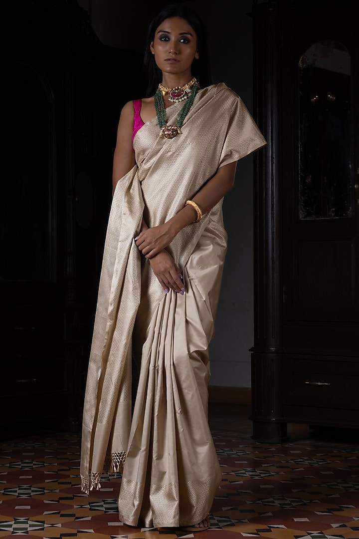 Dusty Beige Pure Silk Handloom Banarasi Saree by Kasturi Kundal