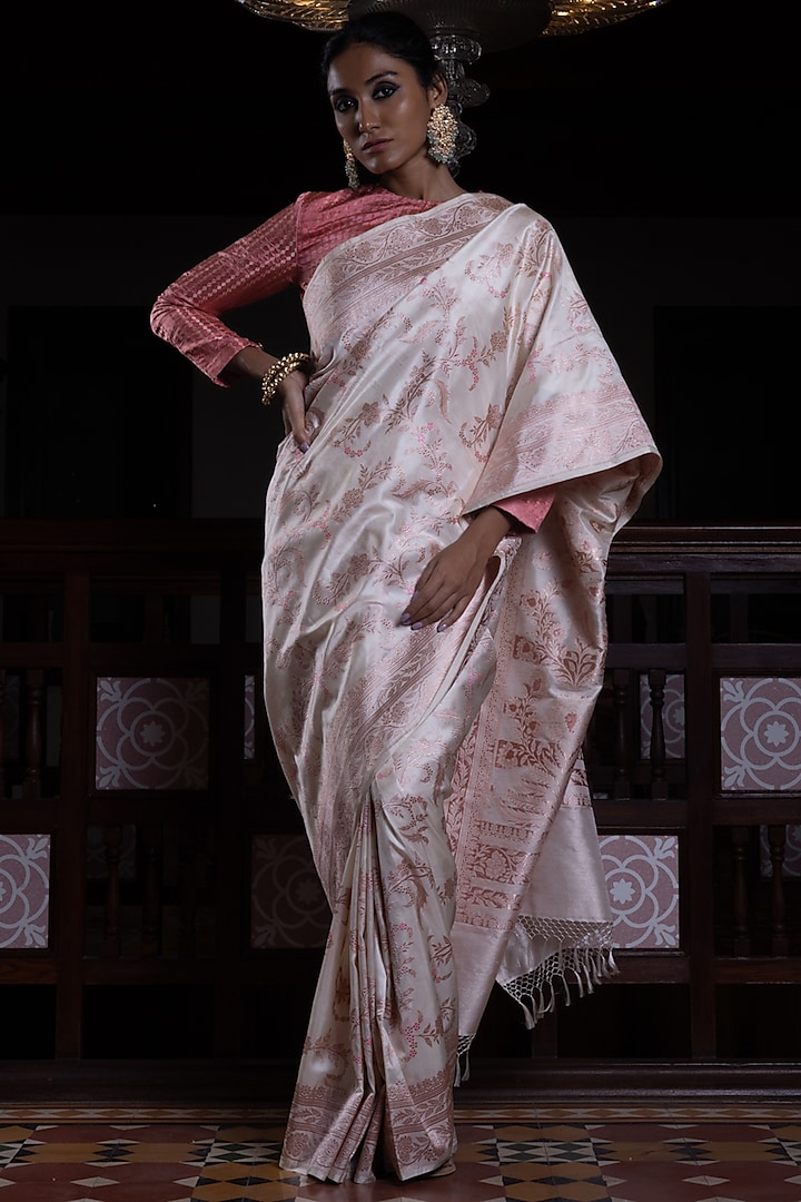 Ivory Pure Silk Jaal Work Banarasi Handloom Saree by Kasturi Kundal