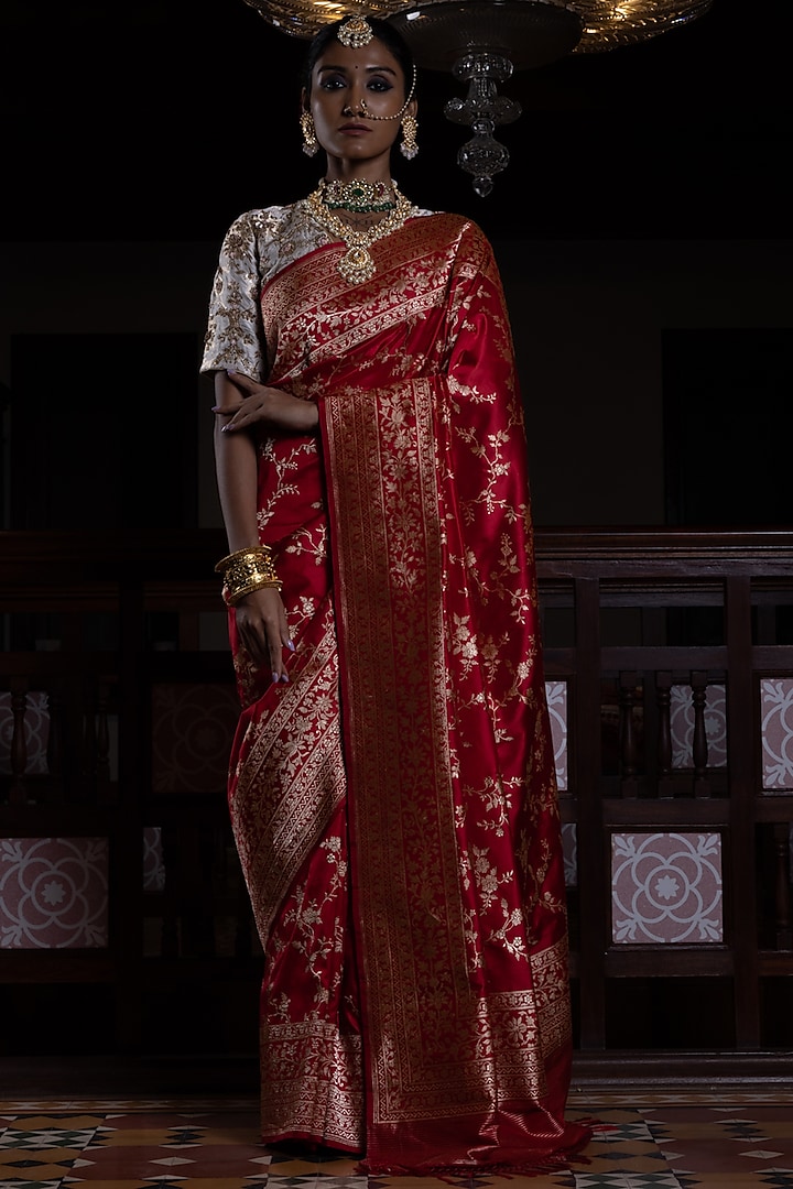 Red Pure Silk Banarasi Handloom Saree by Kasturi Kundal